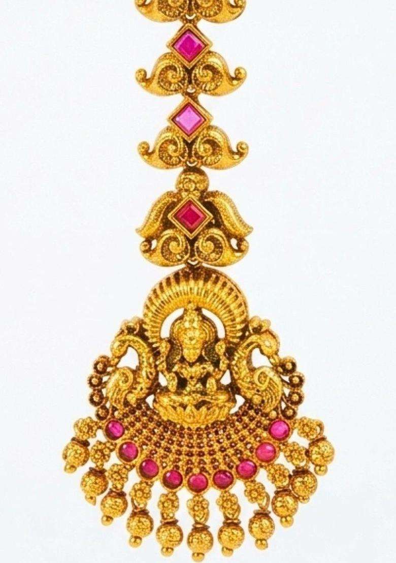 Gold-Plated Artificial Stones & Beaded Maang Tikka Head Jewellery for Women | Traditional Temple Jewellery for Wedding & Festive Wear | Gift for Her - Indya
