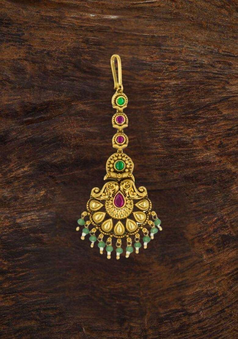 Gold-Plated Stones and Beads Studded Maang Tikka Head Jewellery for Women | Traditional Temple Jewellery for Wedding & Festive Wear | Gift for Her - Indya