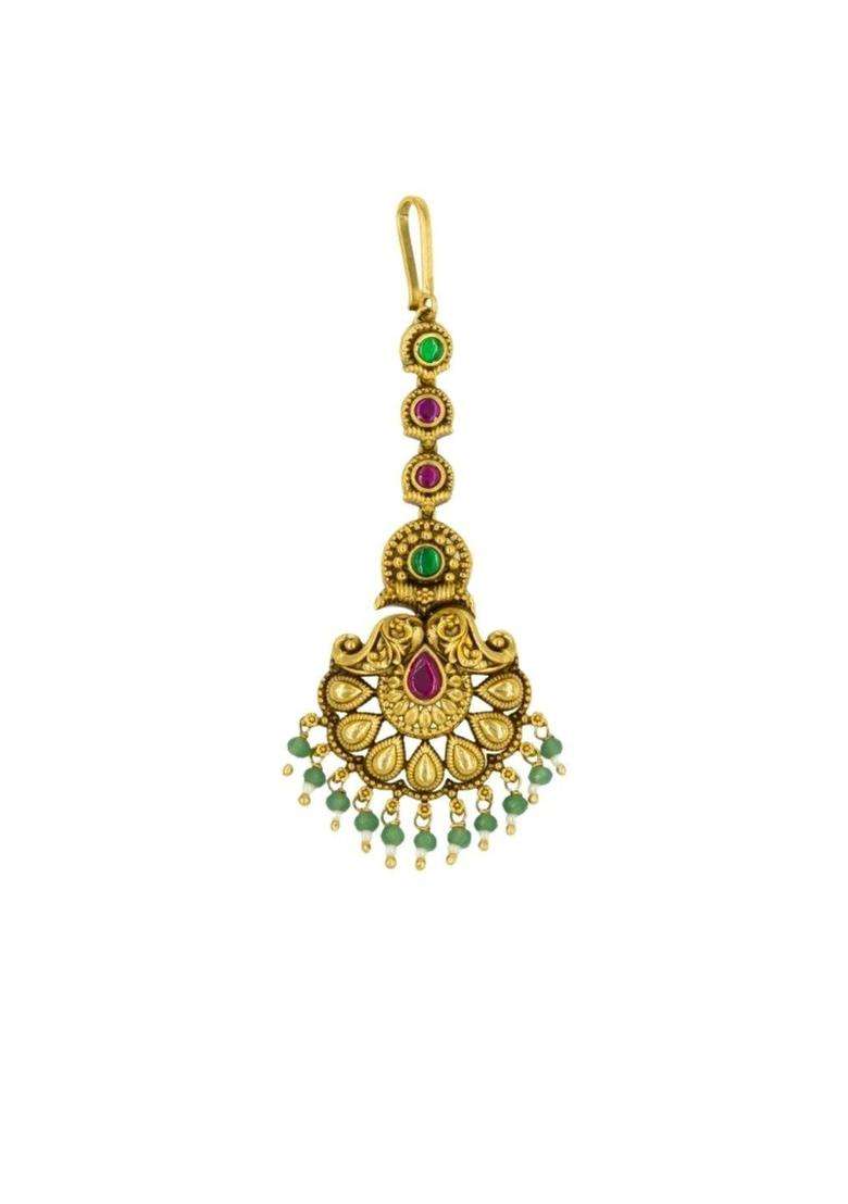 Gold-Plated Stones and Beads Studded Maang Tikka Head Jewellery for Women | Traditional Temple Jewellery for Wedding & Festive Wear | Gift for Her - Indya