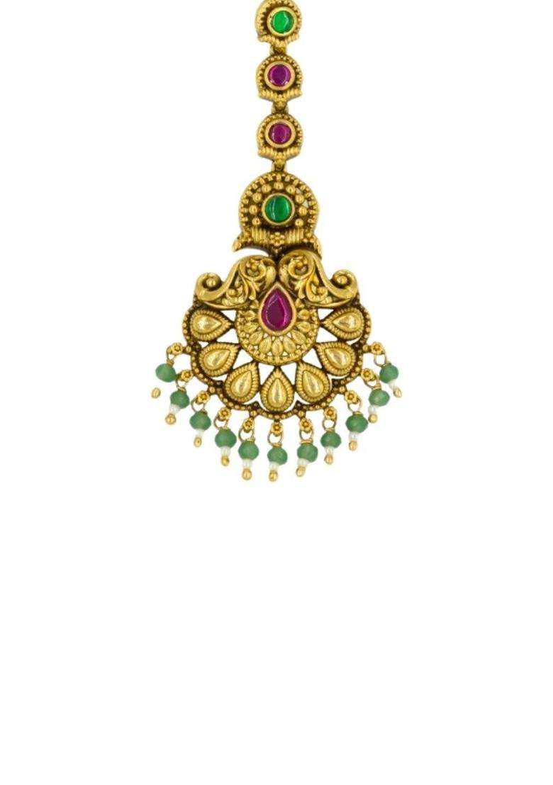 Gold-Plated Stones and Beads Studded Maang Tikka Head Jewellery for Women | Traditional Temple Jewellery for Wedding & Festive Wear | Gift for Her - Indya