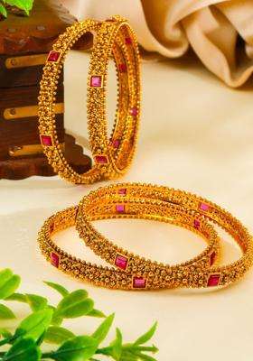 Set of 4 Gold-Plated Stone Studded & Beaded Bangles for Women | Traditional Temple Jewellery for Wedding & Festive Wear | Gift for Her