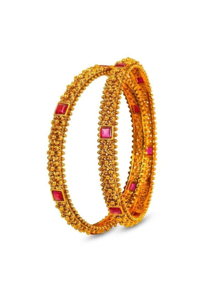 Set of 4 Gold-Plated Stone Studded & Beaded Bangles for Women | Traditional Temple Jewellery for Wedding & Festive Wear | Gift for Her - Indya