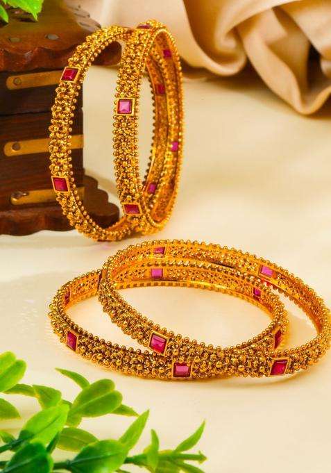 Set of 4 Gold-Plated Stone Studded & Beaded Bangles for Women | Traditional Temple Jewellery for Wedding & Festive Wear | Gift for Her