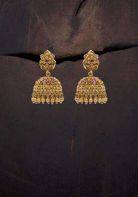 Gold-Plated Artificial Stones and Beaded Dome Shaped Jhumkas for Women | Traditional Temple Jewellery for Wedding & Festive Wear | Gift for Her