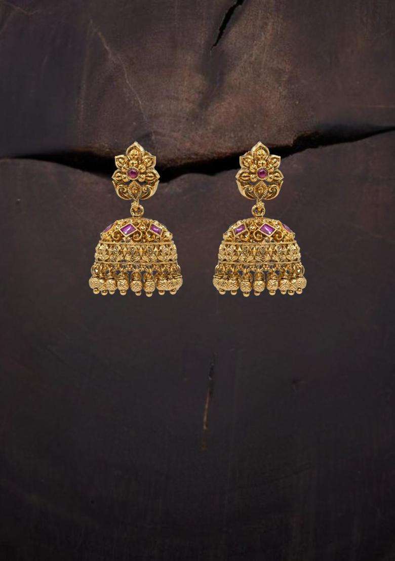 Gold-Plated Artificial Stones and Beaded Dome Shaped Jhumkas for Women | Traditional Temple Jewellery for Wedding & Festive Wear | Gift for Her - Indya