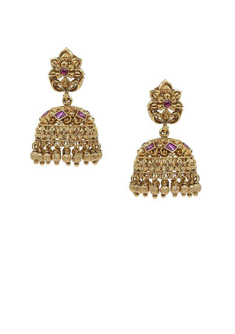 Gold-Plated Artificial Stones and Beaded Dome Shaped Jhumkas for Women | Traditional Temple Jewellery for Wedding & Festive Wear | Gift for Her - Indya