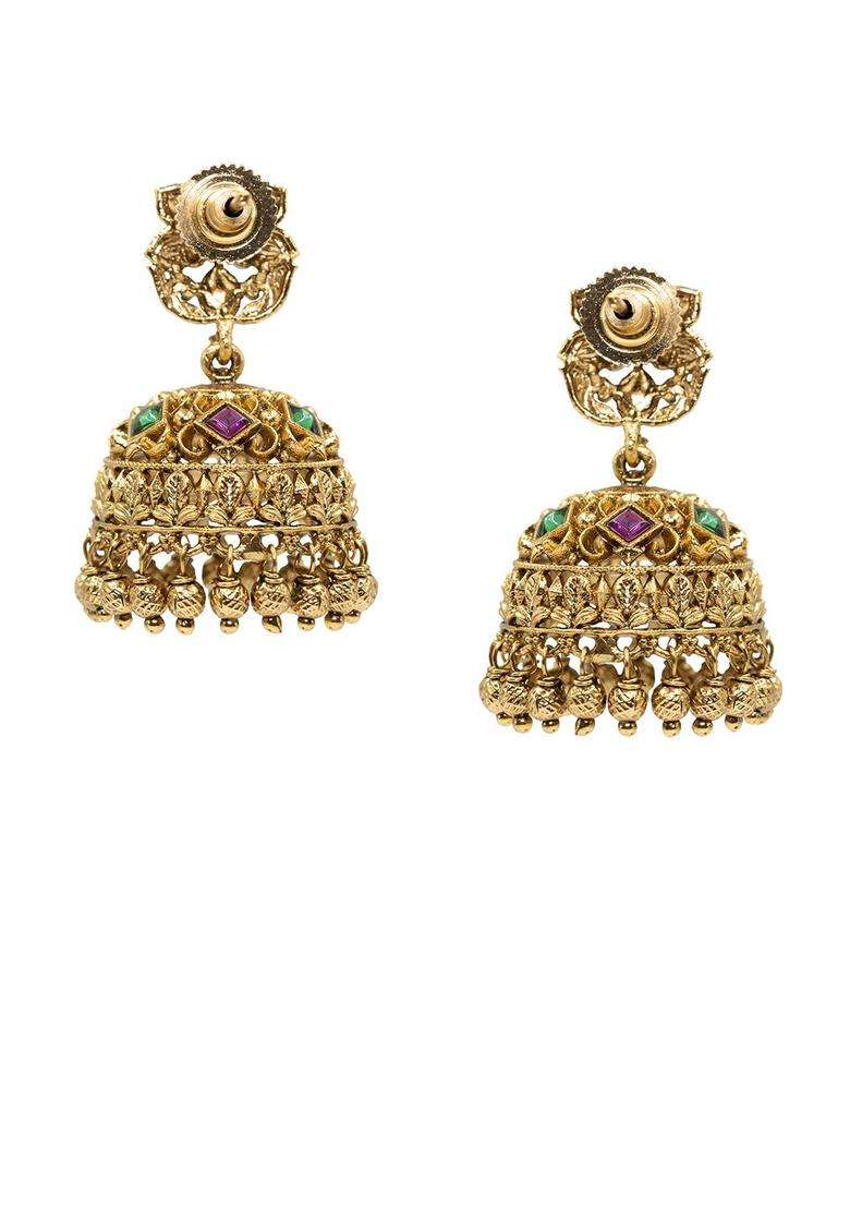 Gold-Plated Artificial Stones and Beaded Dome Shaped Jhumkas for Women | Traditional Temple Jewellery for Wedding & Festive Wear | Gift for Her - Indya