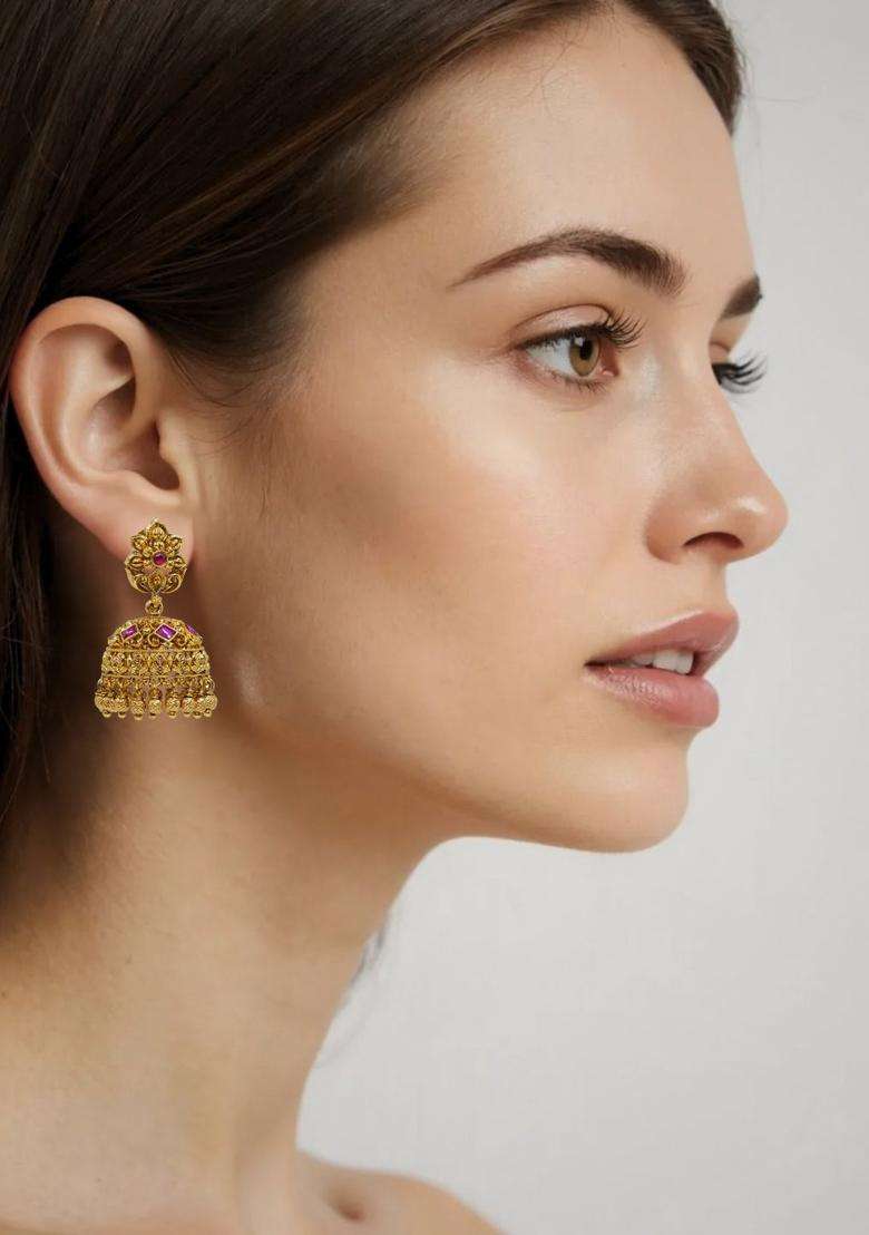 Gold-Plated Artificial Stones and Beaded Dome Shaped Jhumkas for Women | Traditional Temple Jewellery for Wedding & Festive Wear | Gift for Her - Indya