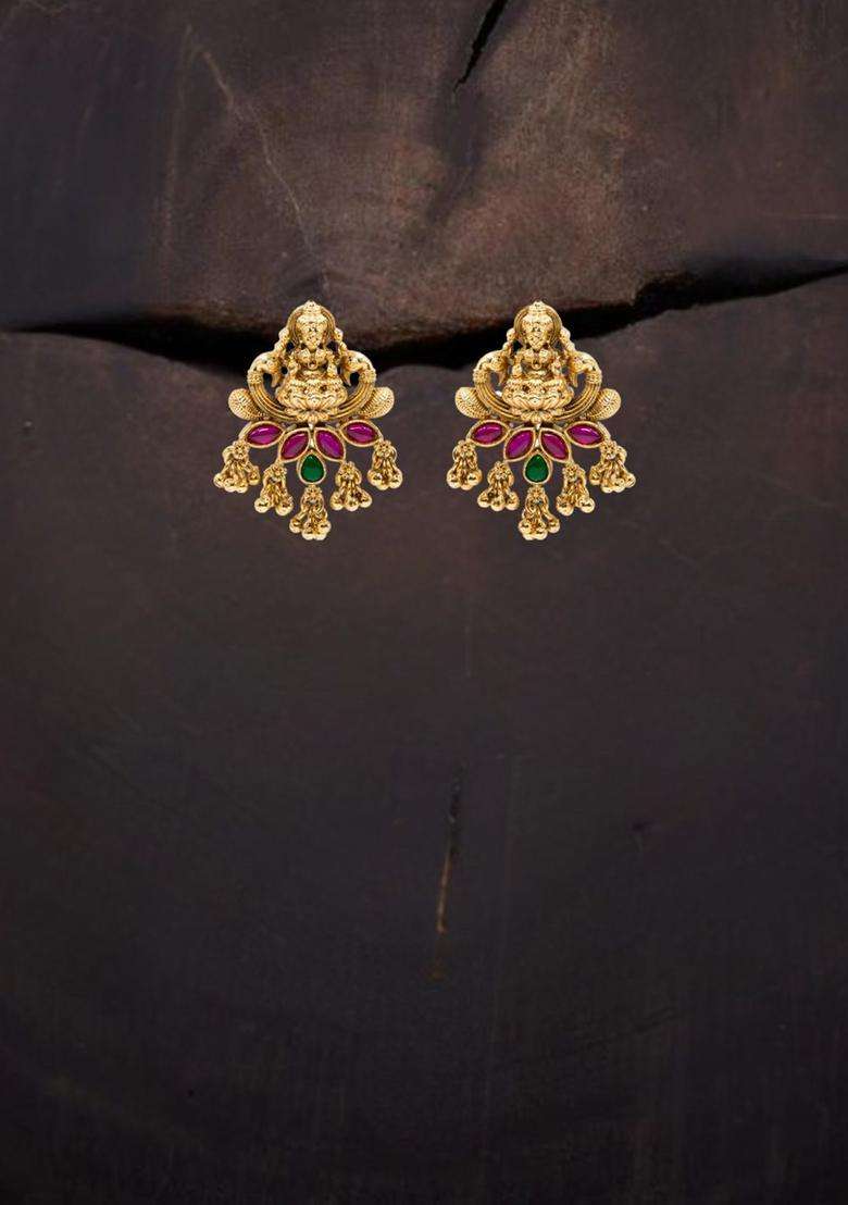 Gold-Plated Artificial Stones and Beaded Contemporary Drop Earrings for Women | Traditional Temple Jewellery for Wedding & Festive Wear | Gift for Her - Indya