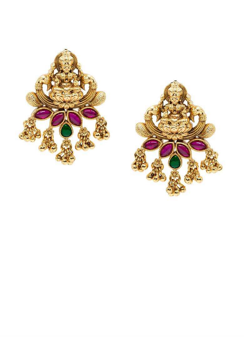 Gold-Plated Artificial Stones and Beaded Contemporary Drop Earrings for Women | Traditional Temple Jewellery for Wedding & Festive Wear | Gift for Her - Indya