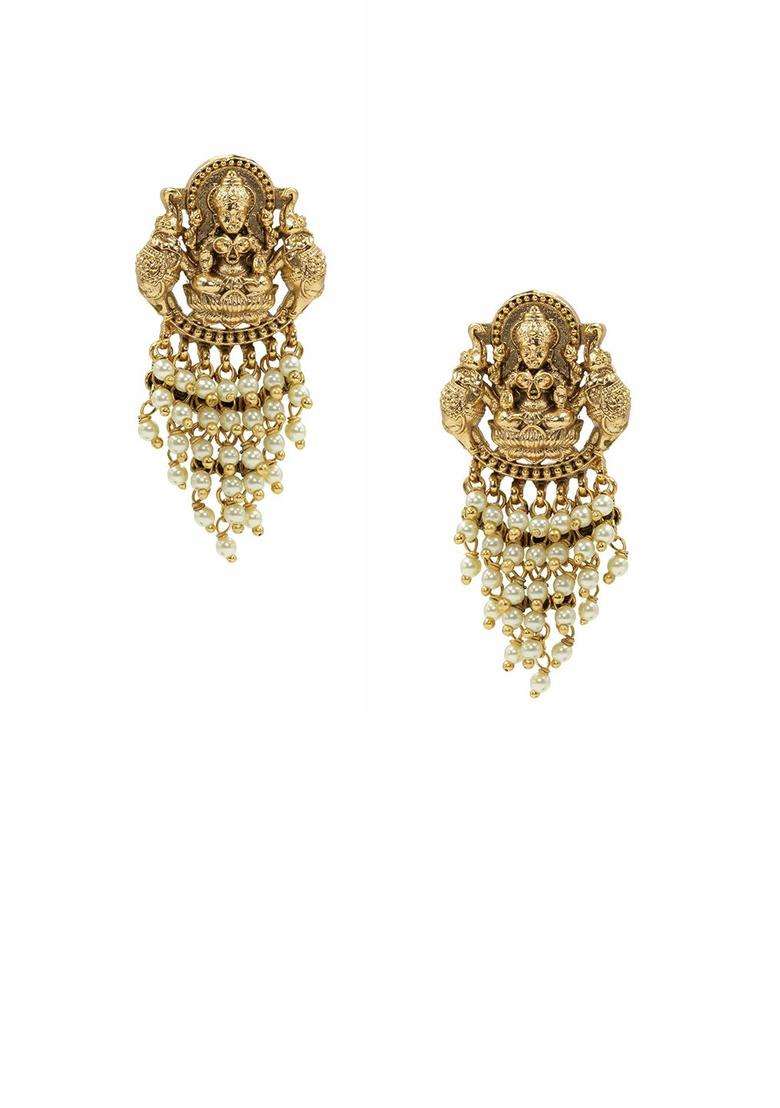 Gold-Plated Artificial Stones and Beaded Contemporary Drop Earrings for Women | Traditional Temple Jewellery for Wedding & Festive Wear | Gift for Her - Indya
