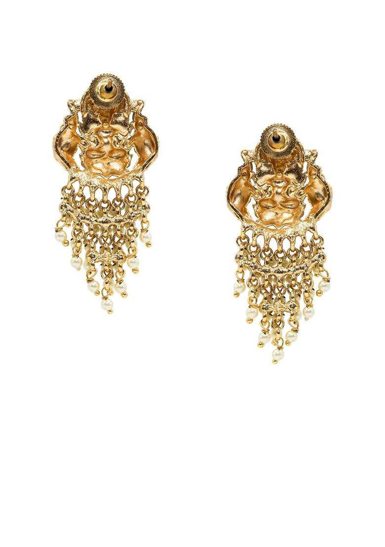Gold-Plated Artificial Stones and Beaded Contemporary Drop Earrings for Women | Traditional Temple Jewellery for Wedding & Festive Wear | Gift for Her - Indya