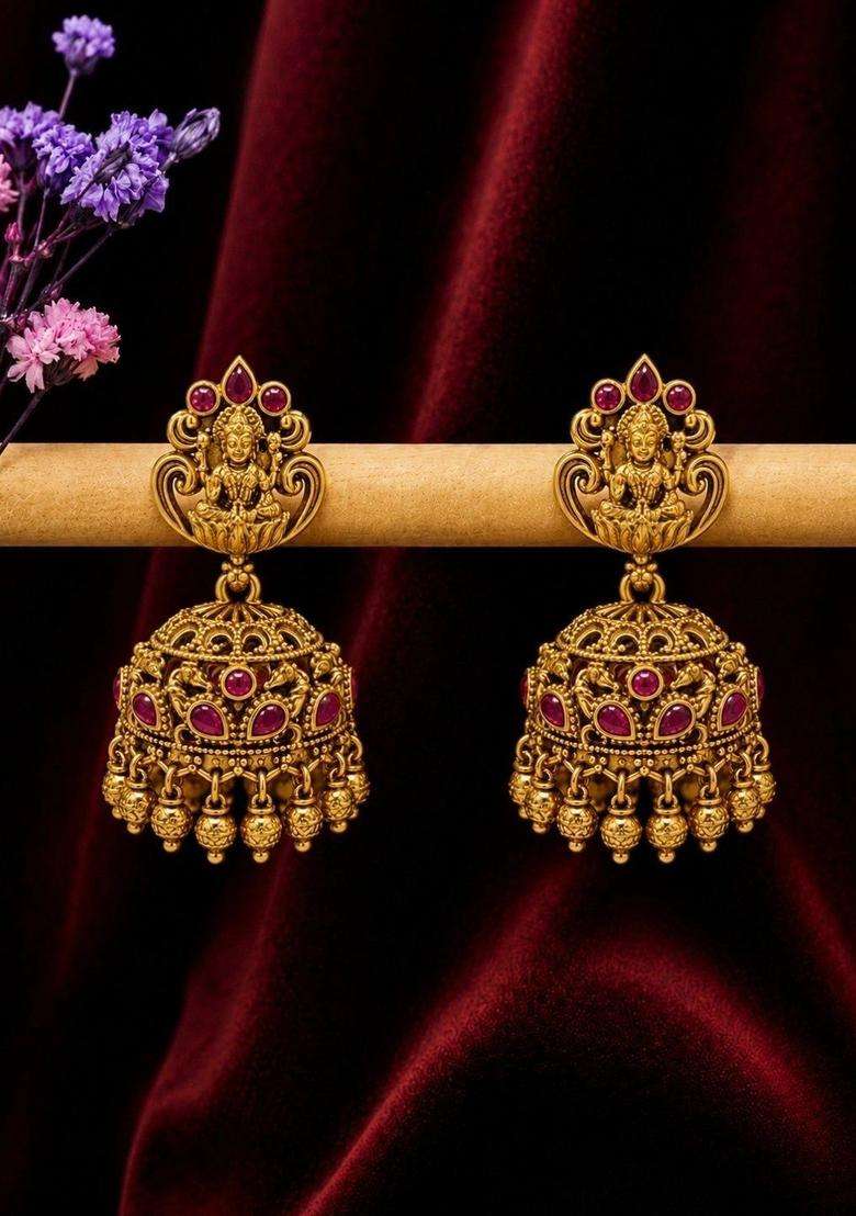 Gold-Plated Geometric Jhumkas Earrings for Women | Traditional Temple Jewellery for Wedding & Festive Wear | Gift for Her - Indya
