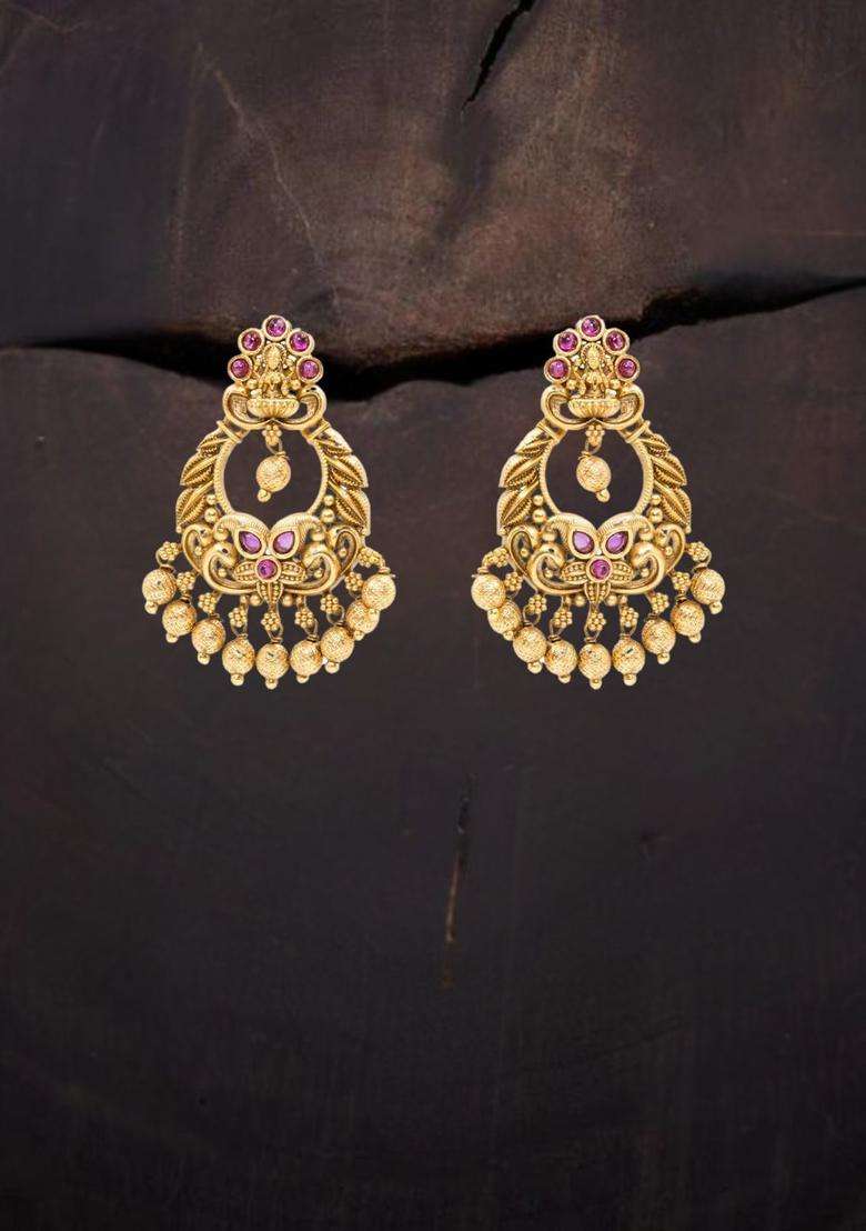 Gold-Plated Artificial Stones & Beads Contemporary Drop Earrings for Women | Traditional Temple Jewellery for Wedding & Festive Wear | Gift for Her - Indya