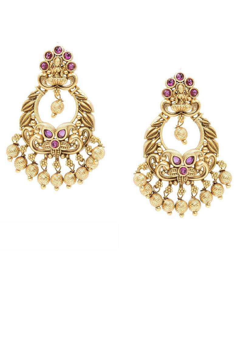 Gold-Plated Artificial Stones & Beads Contemporary Drop Earrings for Women | Traditional Temple Jewellery for Wedding & Festive Wear | Gift for Her - Indya