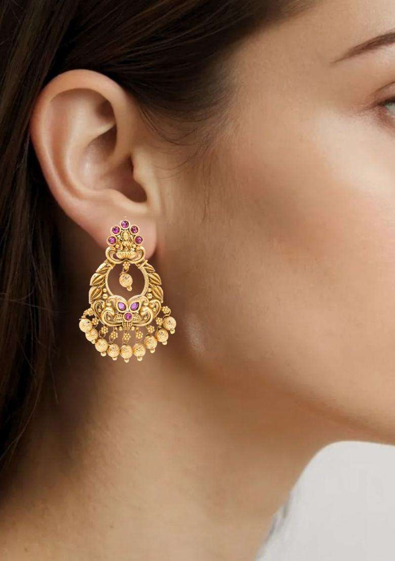 Gold-Plated Artificial Stones & Beads Contemporary Drop Earrings for Women | Traditional Temple Jewellery for Wedding & Festive Wear | Gift for Her - Indya