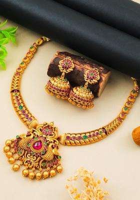 Gold-Plated Artificial Stones Studded & Beaded Temple Jewellery Set for Women | Traditional Temple Jewellery for Wedding & Festive Wear | Gift for Her