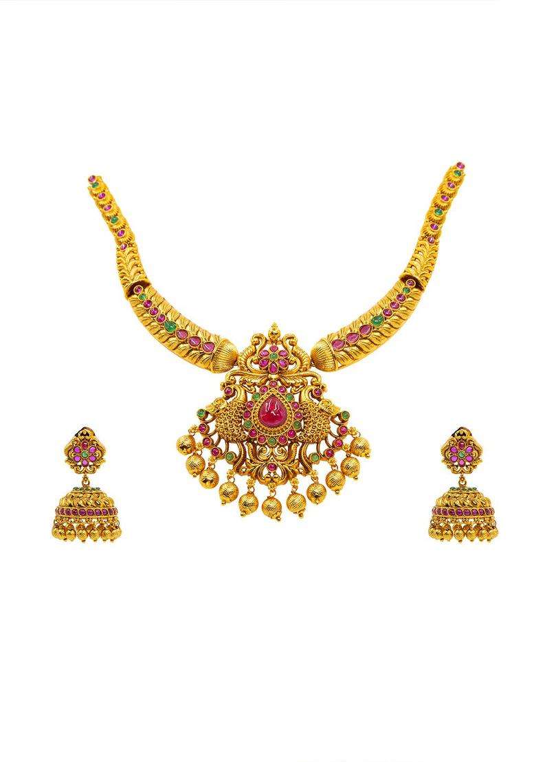 Gold-Plated Artificial Stones Studded & Beaded Temple Jewellery Set for Women | Traditional Temple Jewellery for Wedding & Festive Wear | Gift for Her - Indya