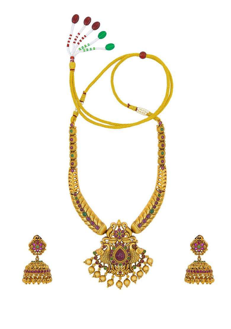 Gold-Plated Artificial Stones Studded & Beaded Temple Jewellery Set for Women | Traditional Temple Jewellery for Wedding & Festive Wear | Gift for Her - Indya