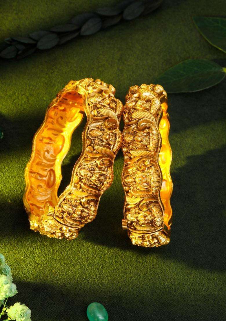 Set of 2 Gold-Plated Temple Bangles for Women | Traditional Temple Jewellery for Wedding & Festive Wear | Gift for Her - Indya