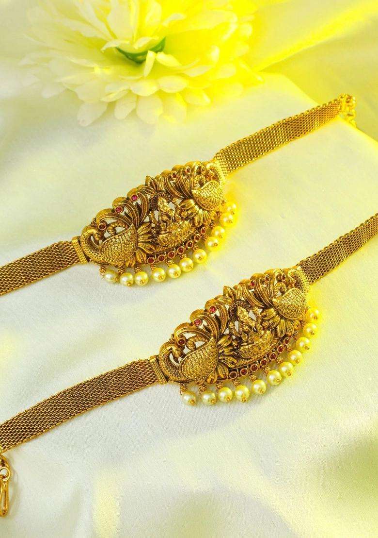 2 Brass Temple Gold-Plated Armlet Bracelet for Women | Traditional Temple Jewellery for Wedding & Festive Wear | Gift for Her - Indya