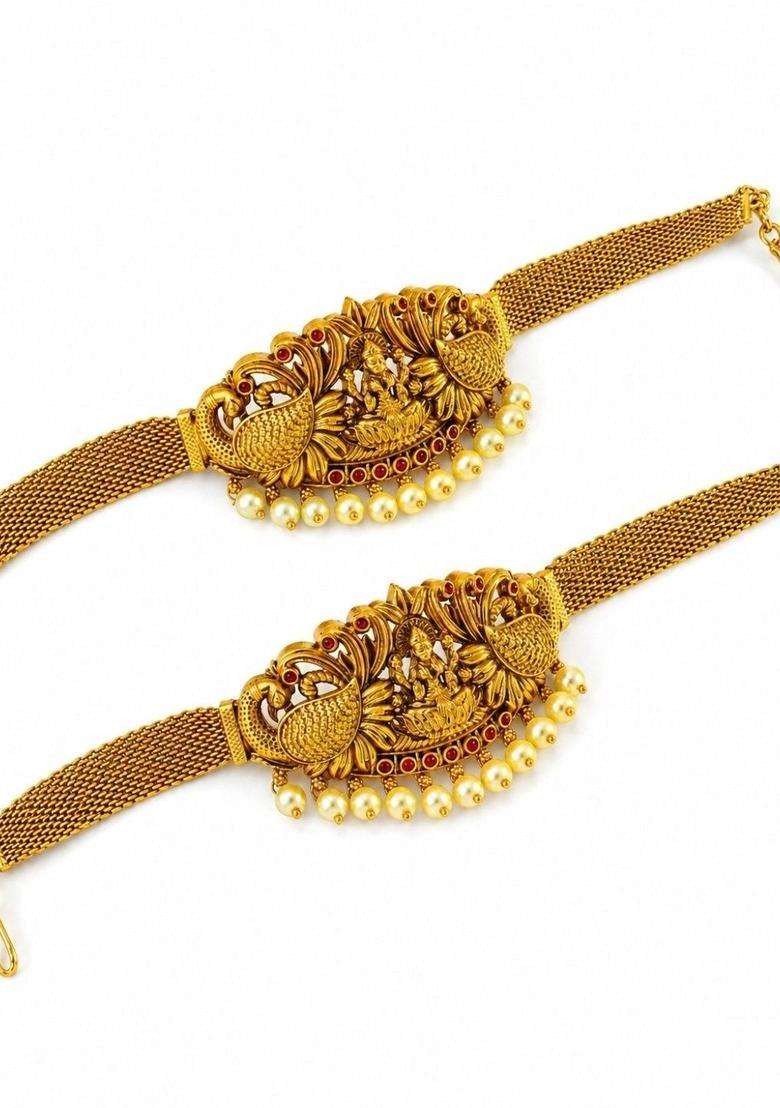 2 Brass Temple Gold-Plated Armlet Bracelet for Women | Traditional Temple Jewellery for Wedding & Festive Wear | Gift for Her - Indya