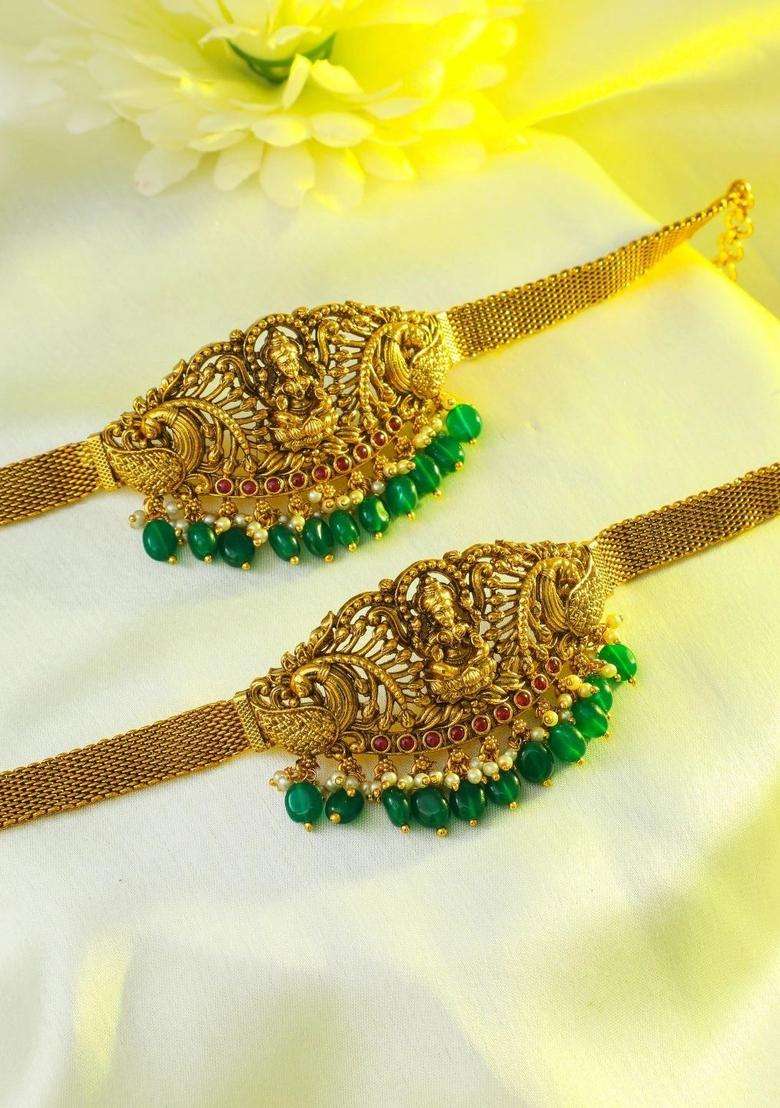 2 Brass Temple Gold-Plated Armlet Bracelet for Women | Traditional Temple Jewellery for Wedding & Festive Wear | Gift for Her - Indya