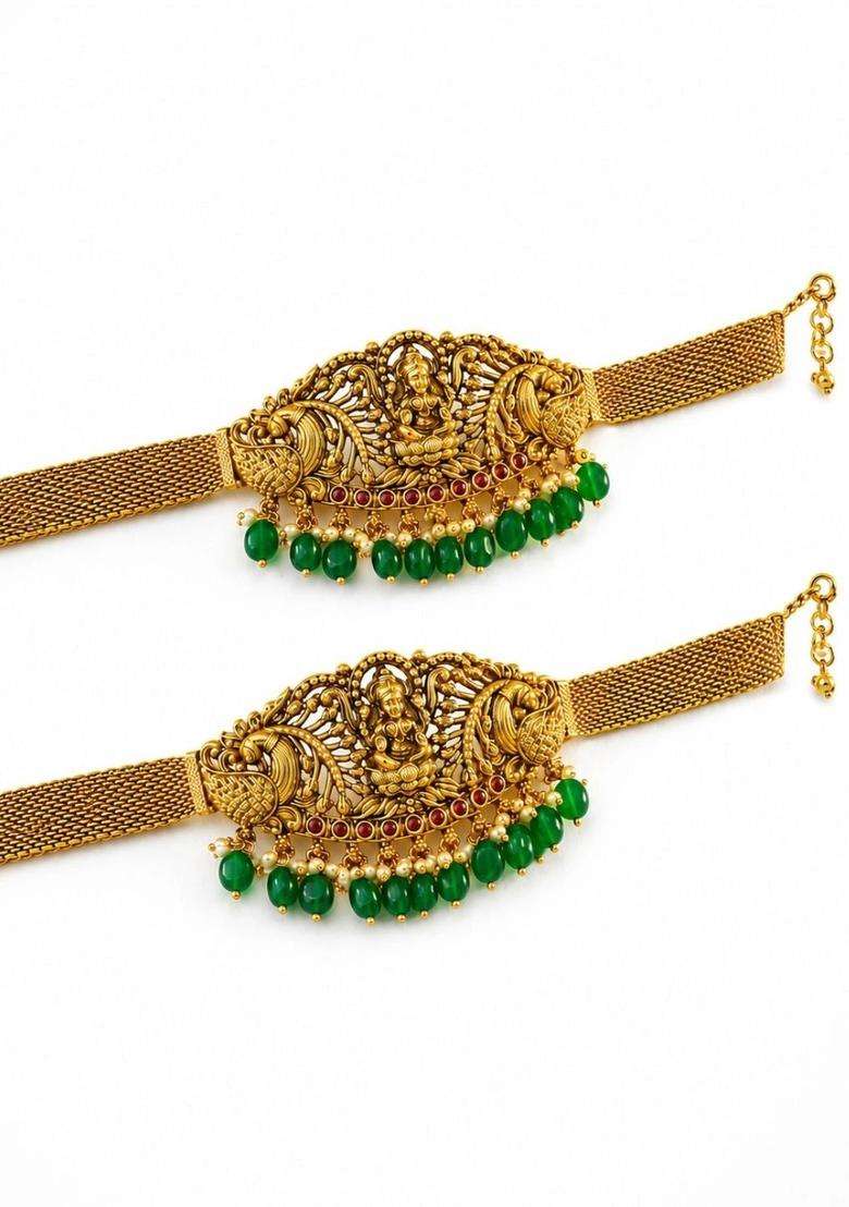 2 Brass Temple Gold-Plated Armlet Bracelet for Women | Traditional Temple Jewellery for Wedding & Festive Wear | Gift for Her - Indya