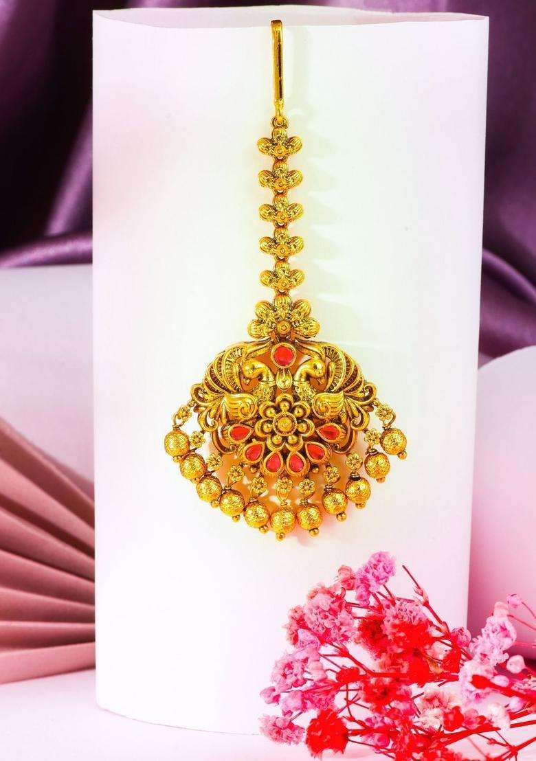 Gold-Plated Artificial Stones and Beads Studded Maang Tikka Head Jewellery for Women | Traditional Temple Jewellery for Wedding & Festive Wear | Gift for Her - Indya