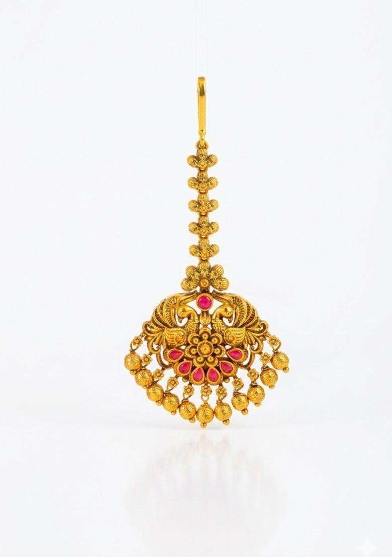Gold-Plated Artificial Stones and Beads Studded Maang Tikka Head Jewellery for Women | Traditional Temple Jewellery for Wedding & Festive Wear | Gift for Her - Indya