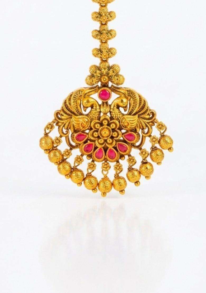 Gold-Plated Artificial Stones and Beads Studded Maang Tikka Head Jewellery for Women | Traditional Temple Jewellery for Wedding & Festive Wear | Gift for Her - Indya