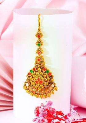 Gold-Plated Artificial Stones and Beads Studded Maang Tikka Head Jewellery for Women | Traditional Temple Jewellery for Wedding & Festive Wear | Gift for Her