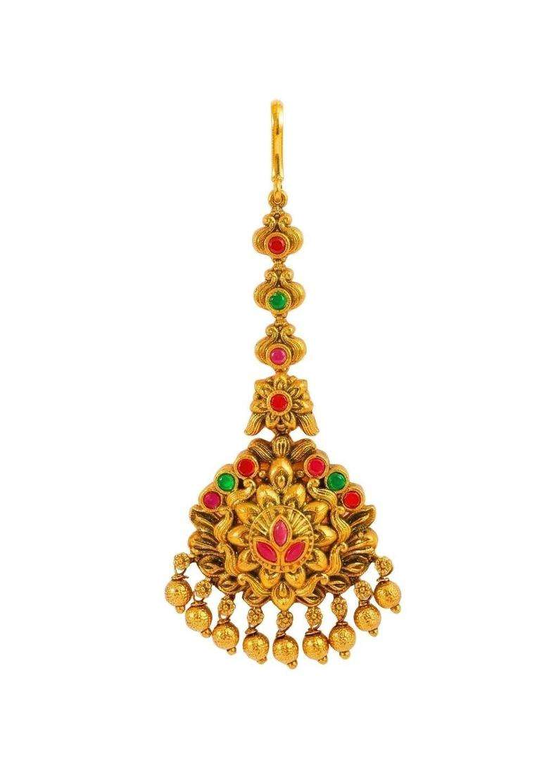Gold-Plated Artificial Stones and Beads Studded Maang Tikka Head Jewellery for Women | Traditional Temple Jewellery for Wedding & Festive Wear | Gift for Her - Indya