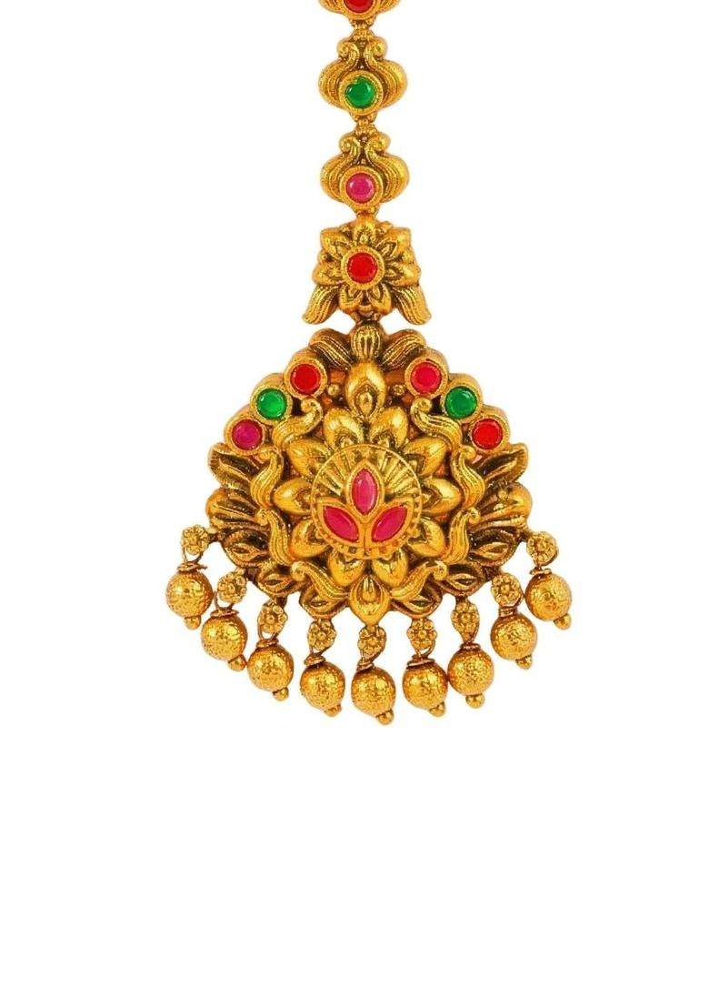 Gold-Plated Artificial Stones and Beads Studded Maang Tikka Head Jewellery for Women | Traditional Temple Jewellery for Wedding & Festive Wear | Gift for Her - Indya