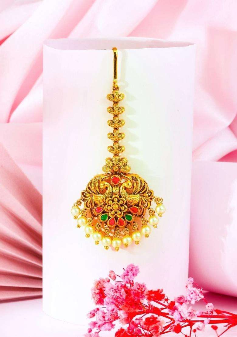 Gold-Plated Artificial Stones and Beads Studded Maang Tikka Head Jewellery for Women | Traditional Temple Jewellery for Wedding & Festive Wear | Gift for Her - Indya