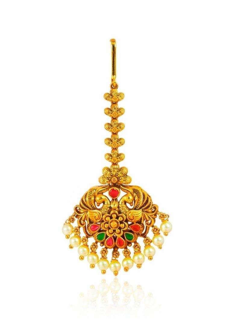 Gold-Plated Artificial Stones and Beads Studded Maang Tikka Head Jewellery for Women | Traditional Temple Jewellery for Wedding & Festive Wear | Gift for Her - Indya