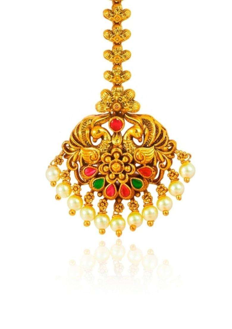 Gold-Plated Artificial Stones and Beads Studded Maang Tikka Head Jewellery for Women | Traditional Temple Jewellery for Wedding & Festive Wear | Gift for Her - Indya