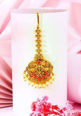 Gold-Plated Artificial Stones and Beads Studded Maang Tikka Head Jewellery for Women | Traditional Temple Jewellery for Wedding & Festive Wear | Gift for Her