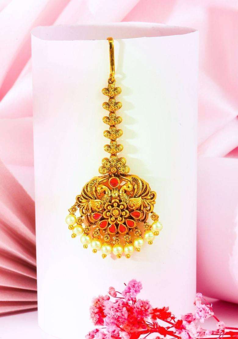 Gold-Plated Artificial Stones and Beads Studded Maang Tikka Head Jewellery for Women | Traditional Temple Jewellery for Wedding & Festive Wear | Gift for Her - Indya