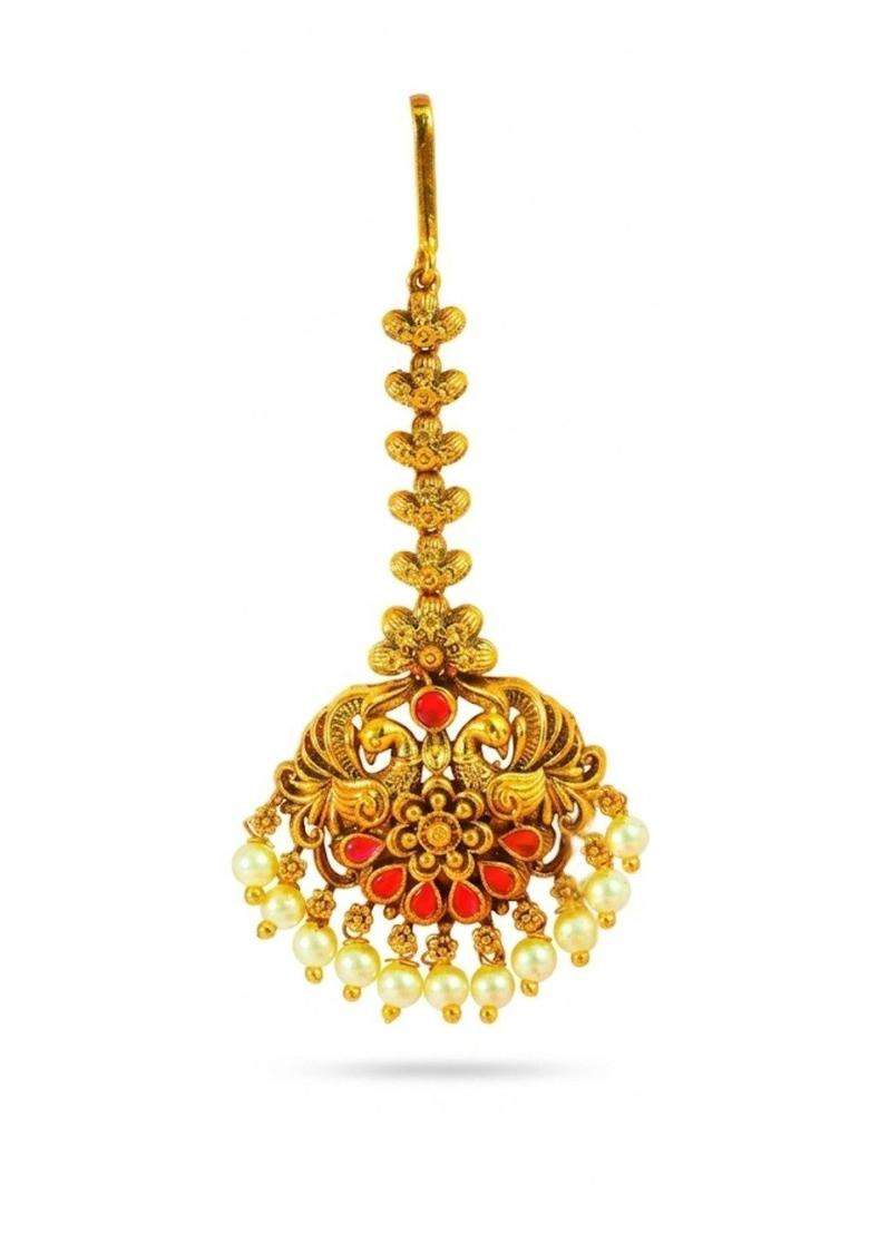 Gold-Plated Artificial Stones and Beads Studded Maang Tikka Head Jewellery for Women | Traditional Temple Jewellery for Wedding & Festive Wear | Gift for Her - Indya