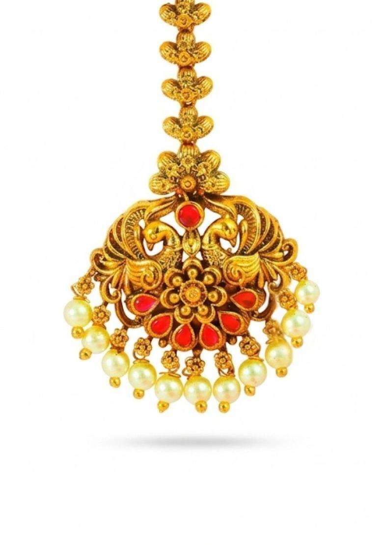 Gold-Plated Artificial Stones and Beads Studded Maang Tikka Head Jewellery for Women | Traditional Temple Jewellery for Wedding & Festive Wear | Gift for Her - Indya