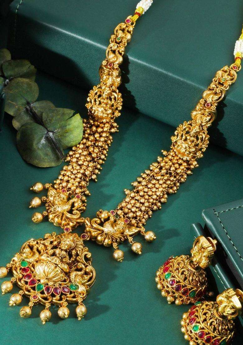 Brass Gold-Plated Antique Necklace for Women | Traditional Temple Jewellery for Wedding & Festive Wear | Gift for Her - Indya