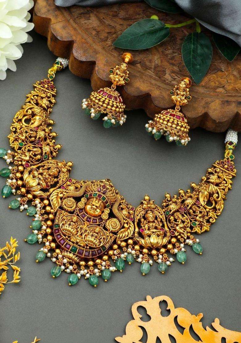 Brass Gold-Plated Temple Necklace for Women | Traditional Temple Jewellery for Wedding & Festive Wear | Gift for Her - Indya