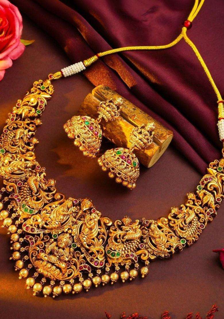 Brass Gold-Plated Temple Necklace for Women | Traditional Temple Jewellery for Wedding & Festive Wear | Gift for Her - Indya