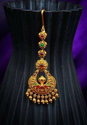 Gold-Plated Stones and Beads Studded Maang Tikka Head Jewellery for Women | Traditional Temple Jewellery for Wedding & Festive Wear | Gift for Her