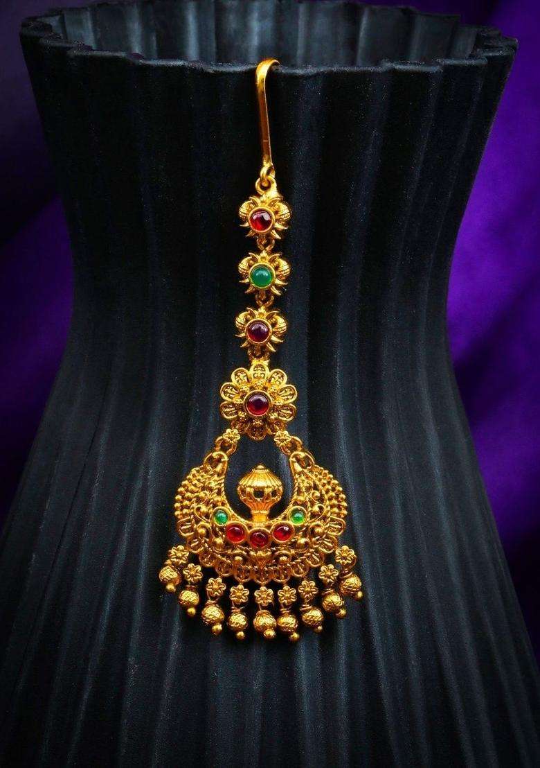 Gold-Plated Stones and Beads Studded Maang Tikka Head Jewellery for Women | Traditional Temple Jewellery for Wedding & Festive Wear | Gift for Her - Indya