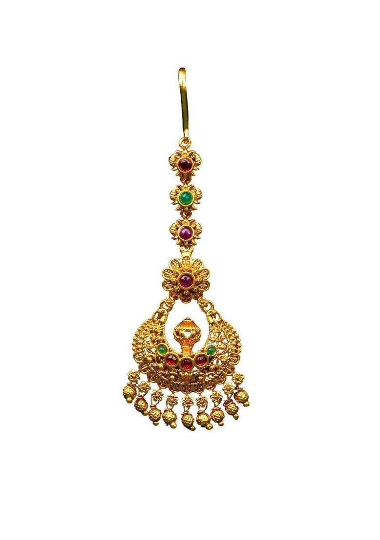 Gold-Plated Stones and Beads Studded Maang Tikka Head Jewellery for Women | Traditional Temple Jewellery for Wedding & Festive Wear | Gift for Her - Indya