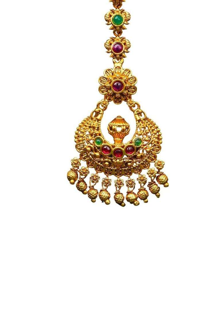 Gold-Plated Stones and Beads Studded Maang Tikka Head Jewellery for Women | Traditional Temple Jewellery for Wedding & Festive Wear | Gift for Her - Indya