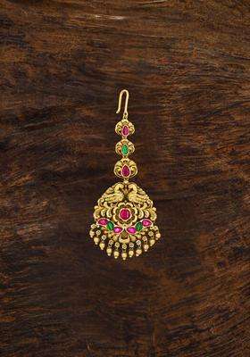 Gold-Plated Artificial Stones and Beads Studded Maang Tikka Head Jewellery for Women | Traditional Temple Jewellery for Wedding & Festive Wear | Gift for Her