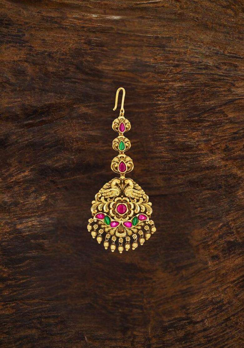Gold-Plated Artificial Stones and Beads Studded Maang Tikka Head Jewellery for Women | Traditional Temple Jewellery for Wedding & Festive Wear | Gift for Her - Indya